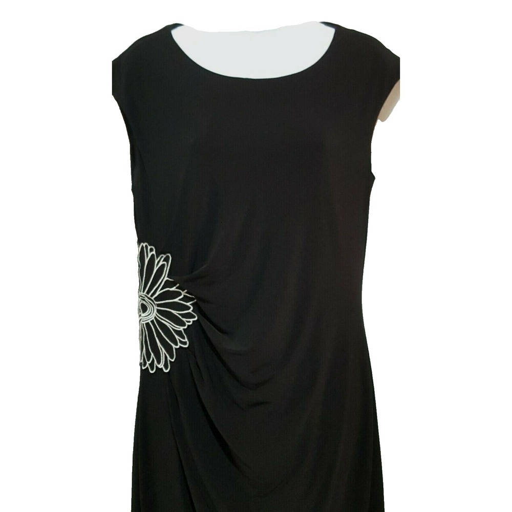 Womens Dress Size 12 Sleeveless Ruched Black Sheath Floral Accent Midi Stretch